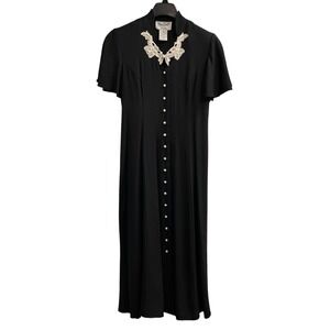 Olivia Rose Y2K Dress 10 Black Maxi Lace Collar Faux Pearl Cottagecore Grandma